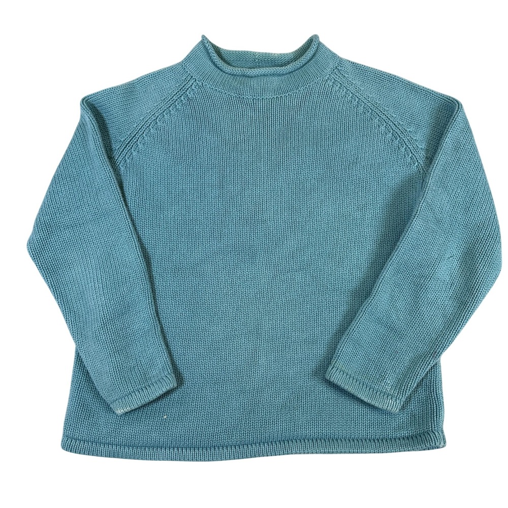 L.L. Bean Vintage Teal Blue Cotton Shaker Stitch Mock Neck Raglan Sweater Boxy